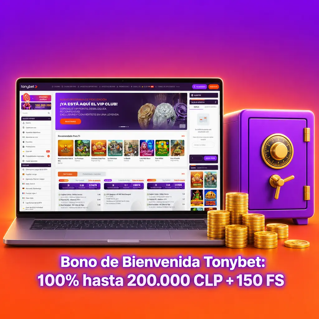 Bono de bienvenida Tonybet Chile: 100% hasta 200.000 CLP más 150 giros gratis para casino y apuestas deportivas.
