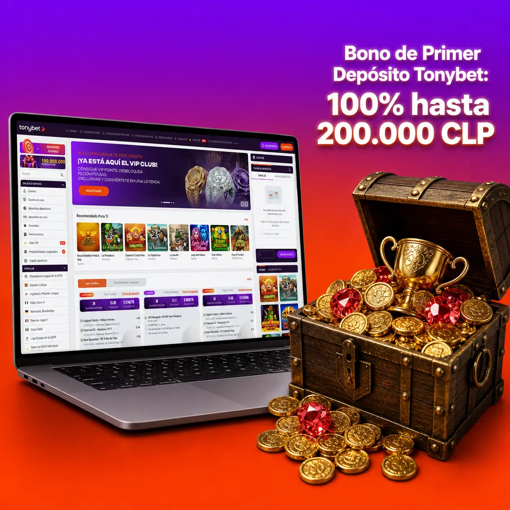 Bono de bienvenida Tonybet: 100% hasta 200.000 CLP en el primer depósito, más 150 giros gratis en tragamonedas.