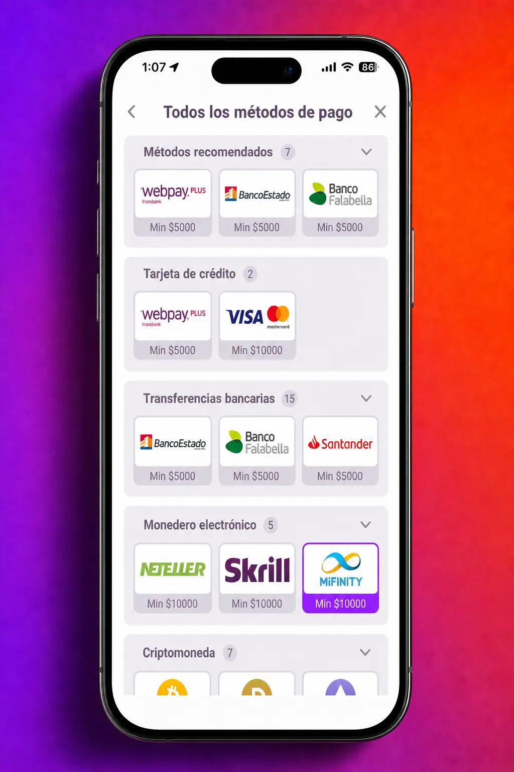 Pasos para depositar en la app de Tonybet Chile: inicia sesión, elige método de pago y confirma el monto en segundos.