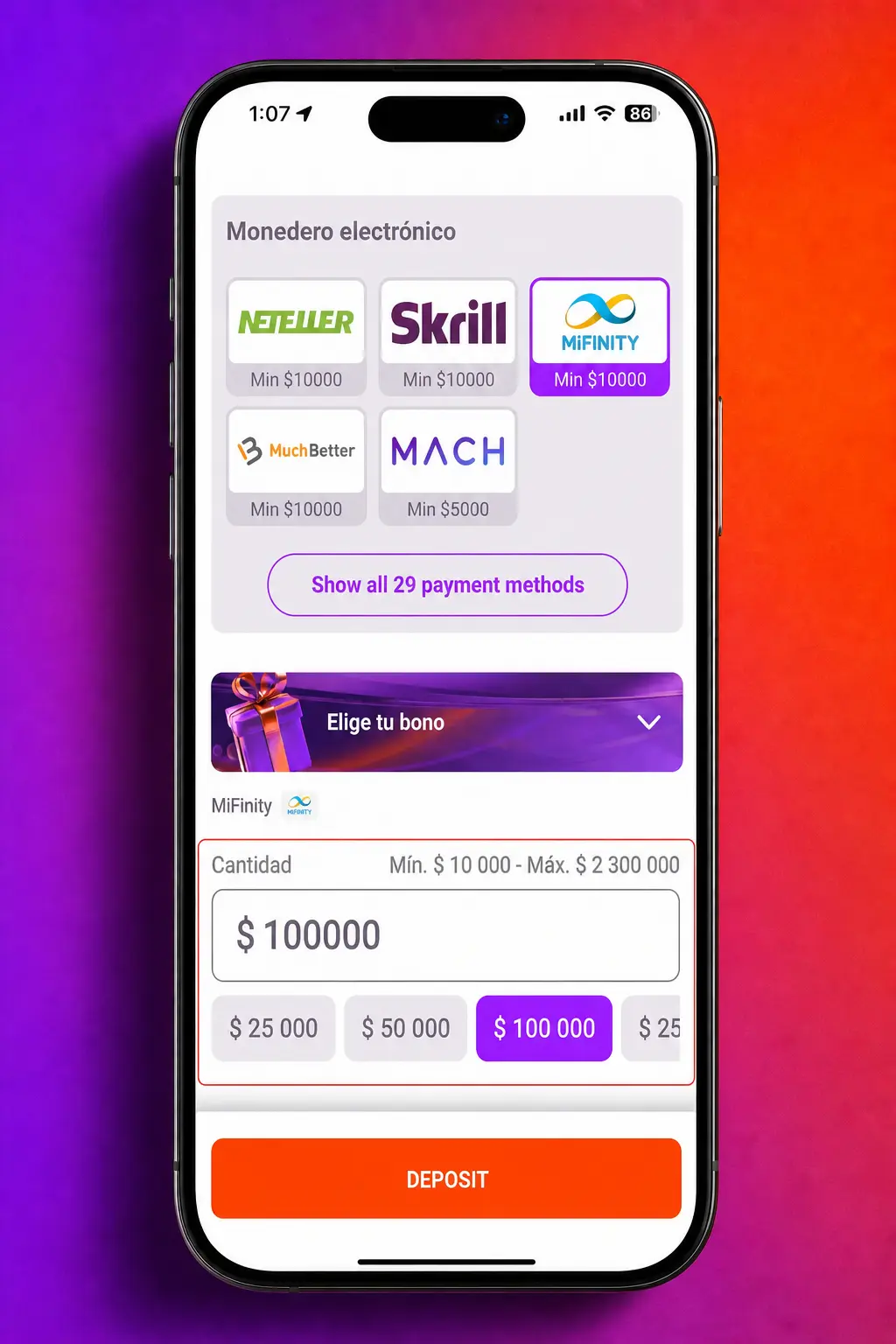 Pasos para depositar en la app de Tonybet Chile: inicia sesión, elige método de pago y confirma el monto en CLP.