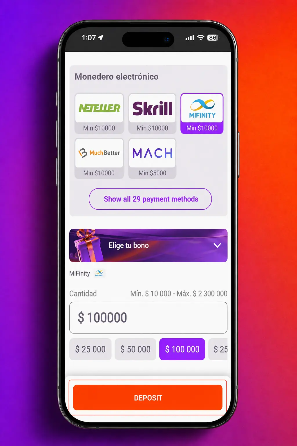 Pasos para depositar en la app de Tonybet Chile: inicia sesión, elige método de pago y confirma el monto en segundos.