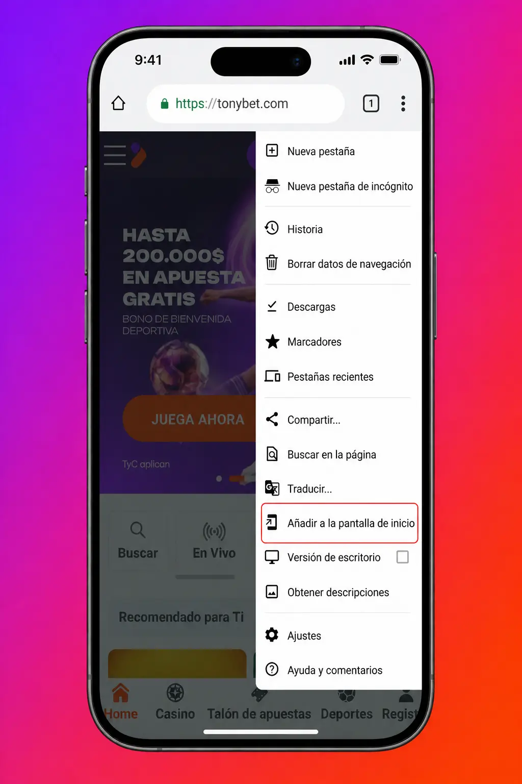 Pasos para descargar e instalar el APK de Tonybet en Android desde el celular