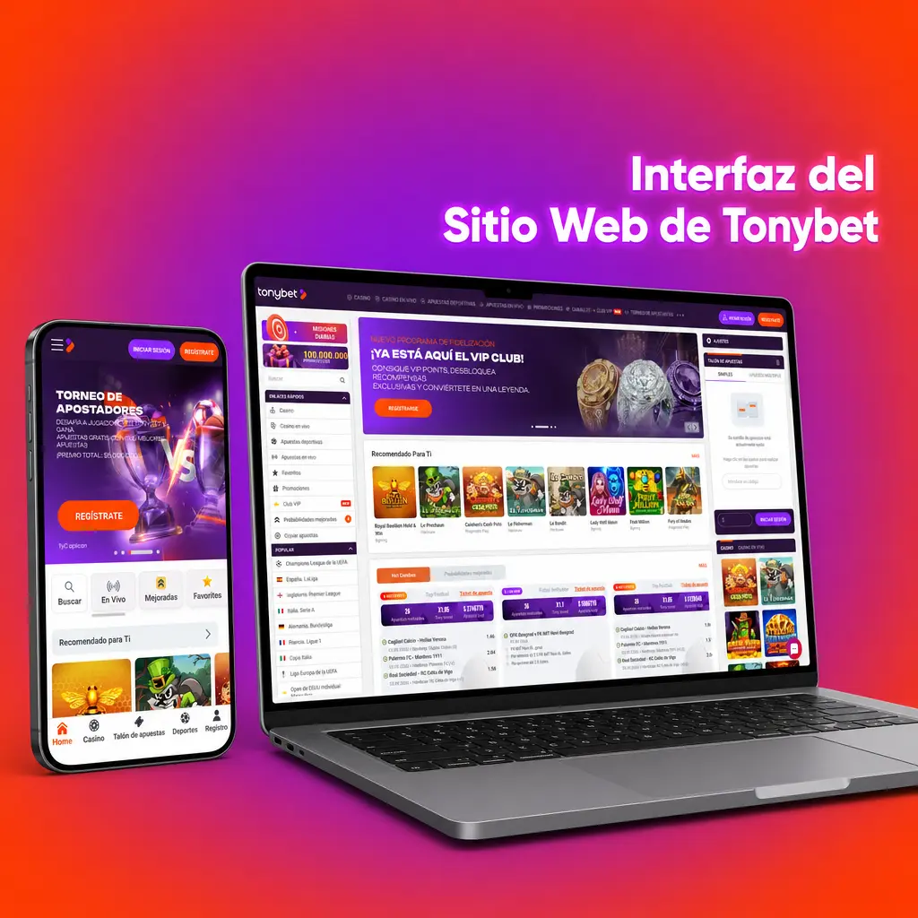 Interfaz del sitio web de Tonybet Chile mostrando el menú principal con secciones de Deportes, Casino y Promociones.