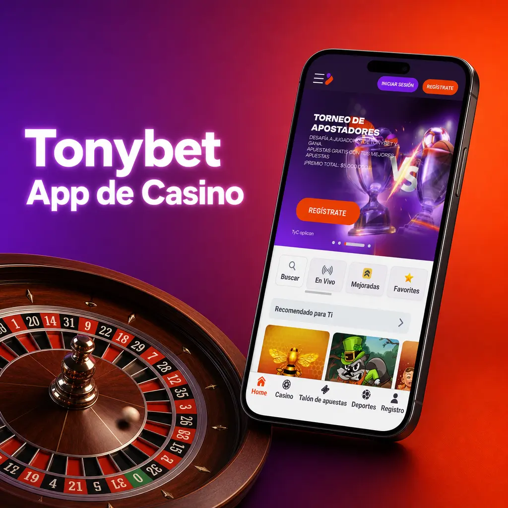 Pantalla de inicio de la app Tonybet Casino con juegos en vivo, tragamonedas y mesas de blackjack y ruleta.